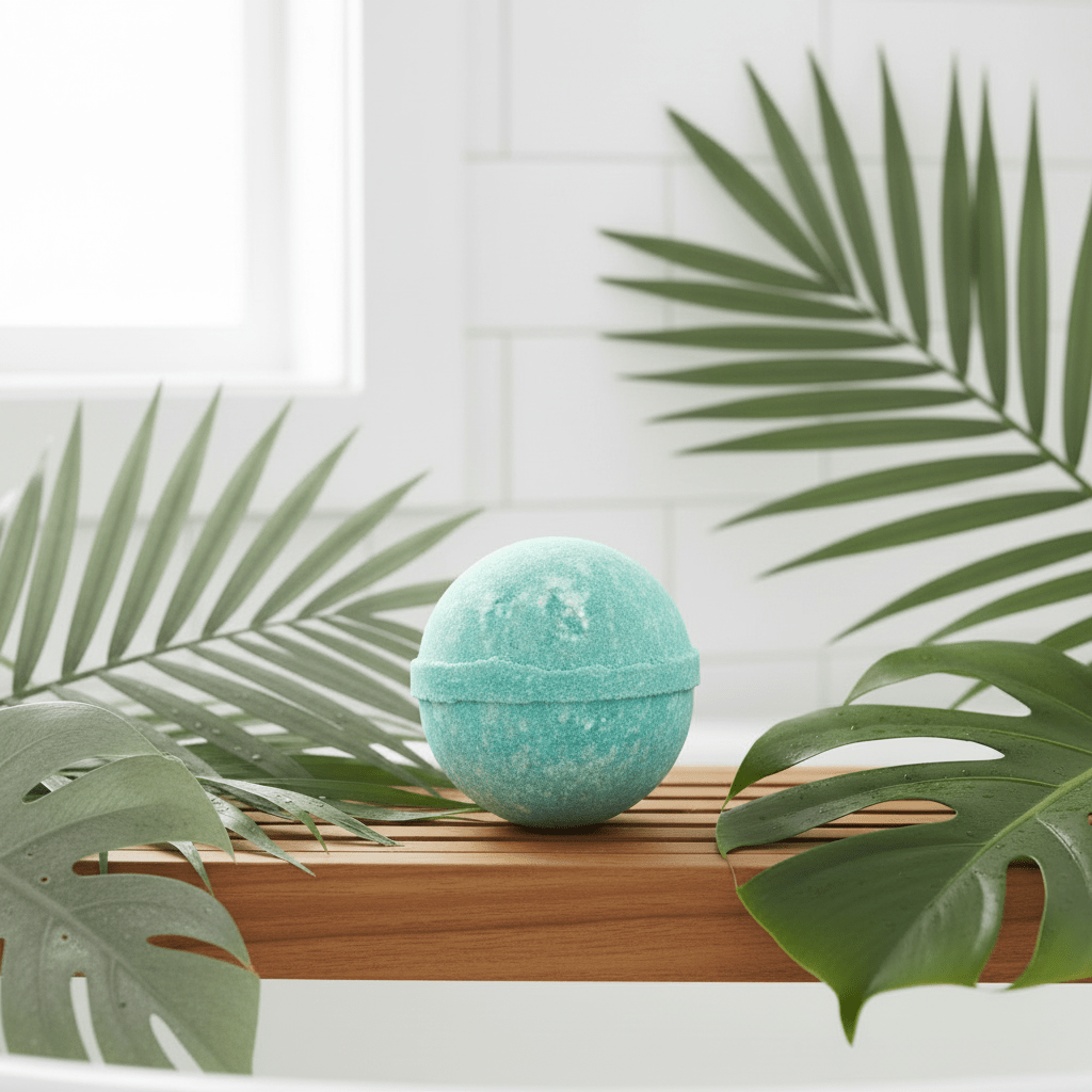 Turquoise bath bomb on a wooden surface with green leaves in the background