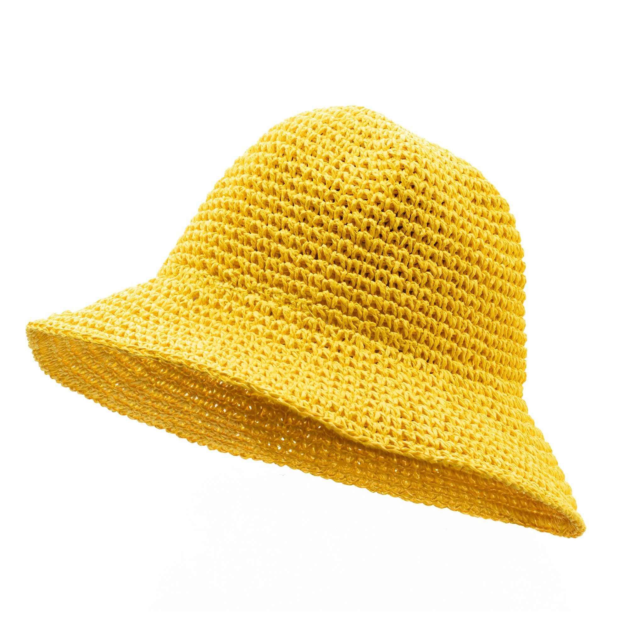 Yellow woven bucket hat on a white background