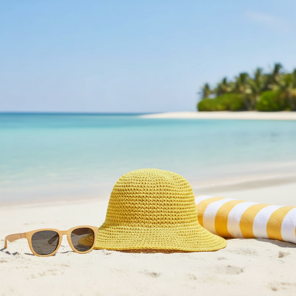 A yellow woven sun hat and light wood-framed sunglasses sit on white sand at a tropical beach, with a gray towel and turquoise ocean in the background.