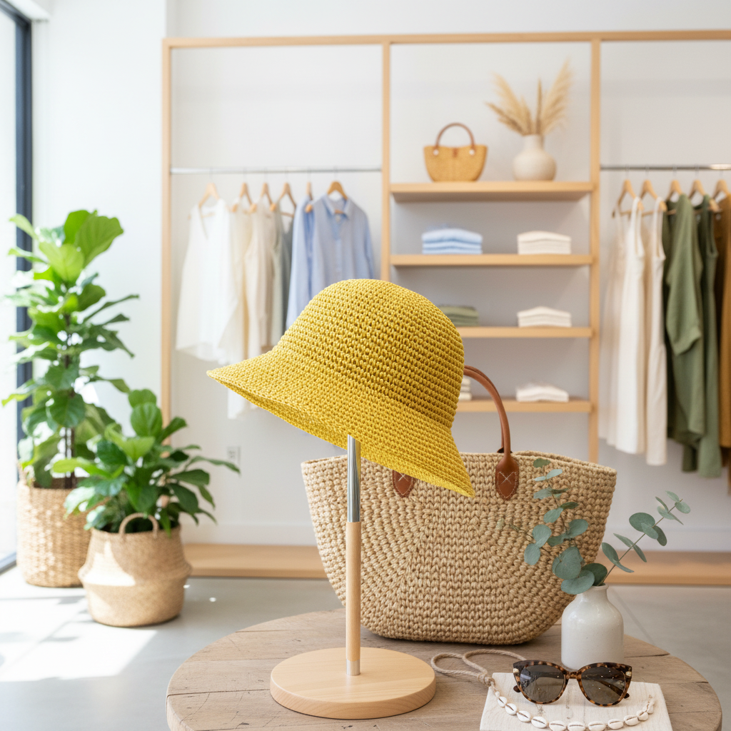 A bright yellow woven sun hat displayed on a wooden stand in a styled boutique interior, with clothing racks, plants, a straw tote bag, sunglasses, and a small vase in the background.