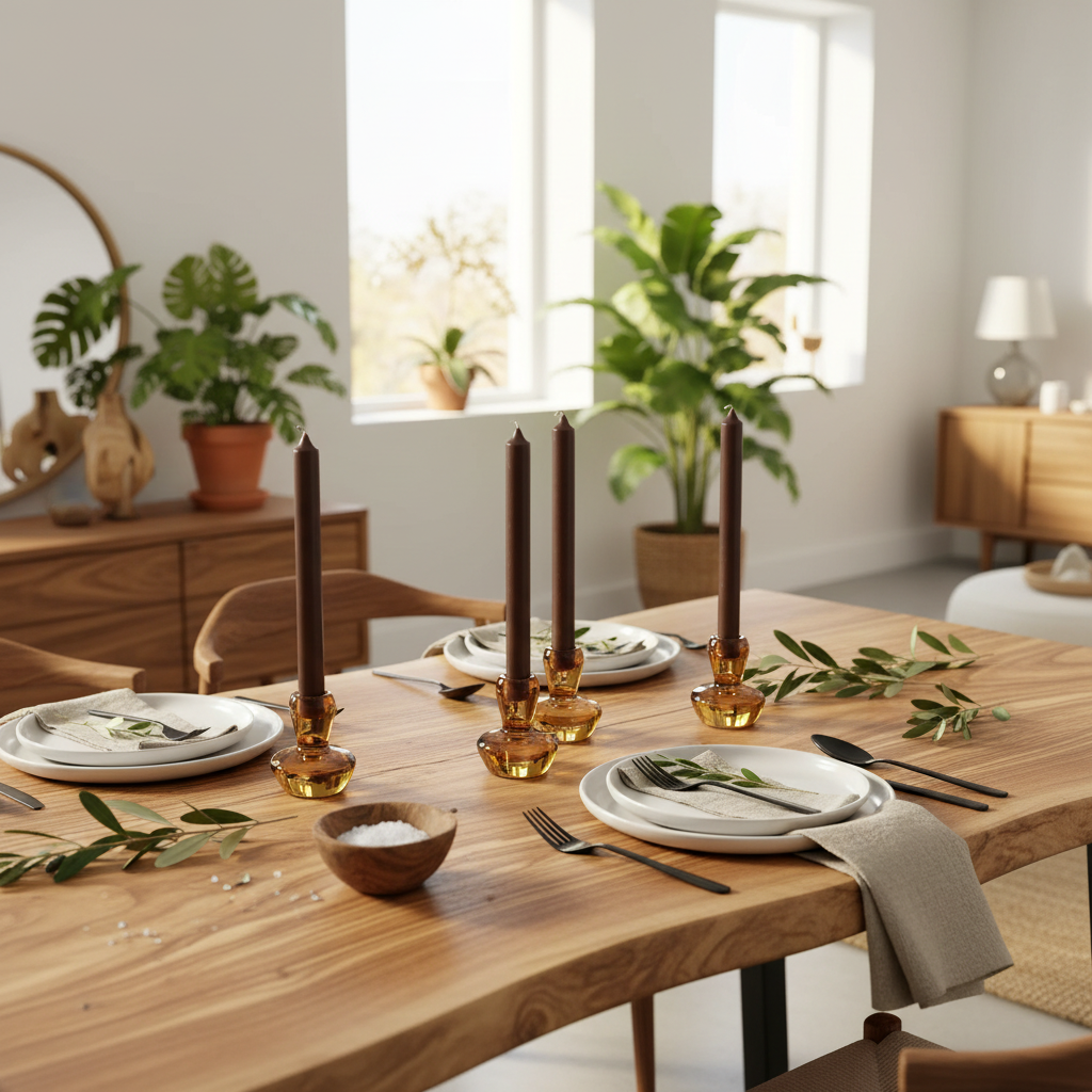 A styled dining table in a warm, modern room with wooden furniture and green plants. The table is set with white plates, dark brown taper candles in amber glass holders, silver cutlery, and green leaf sprigs.
