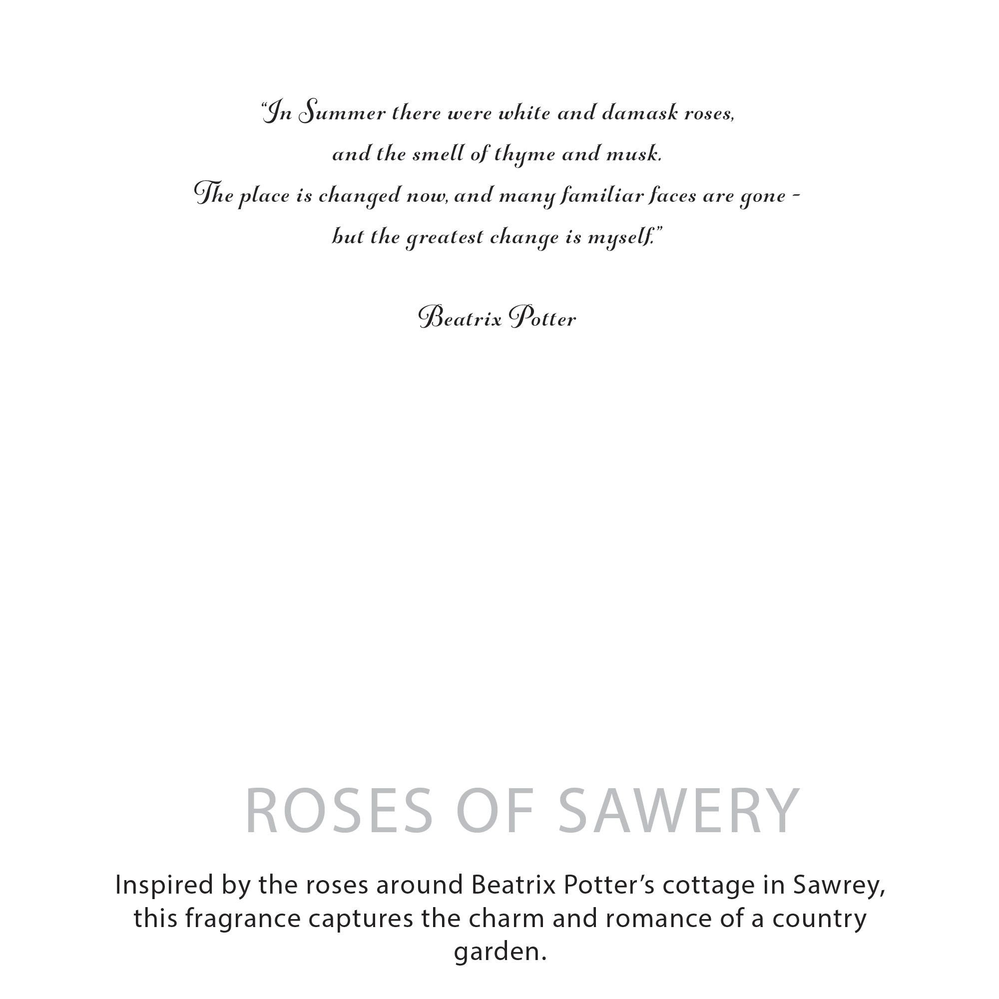 Text excerpt from Beatrix Potter with a quote about roses and a fragrance description on a white background.