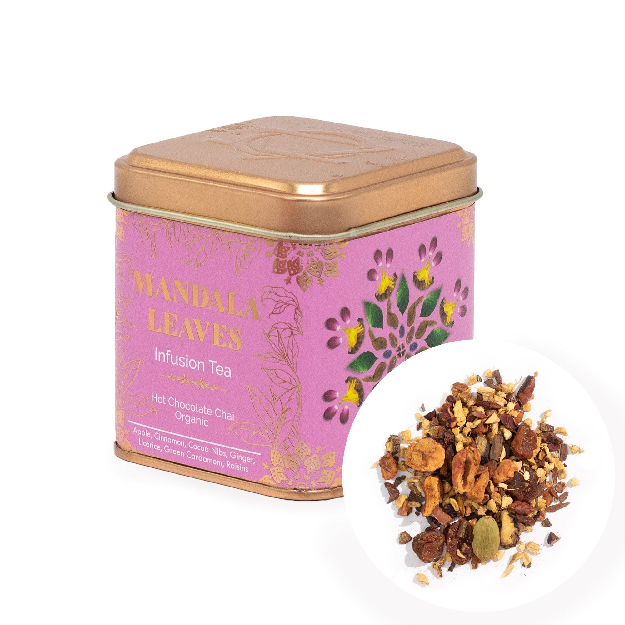 Tea tin labeled 'Mandala Leaves' with a small inset showing tea leaves on a white background