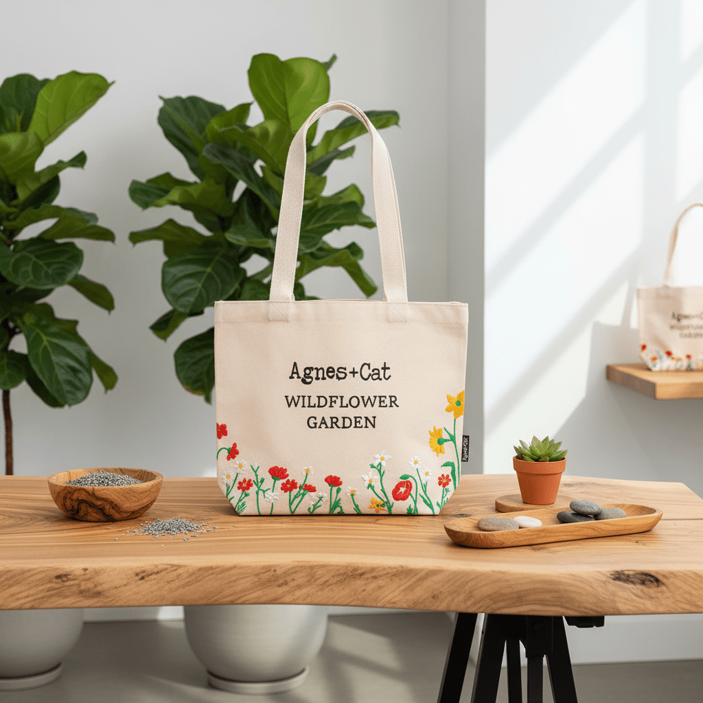 Agnes + Cat Cotton Tote Bag with Embroidered Flower