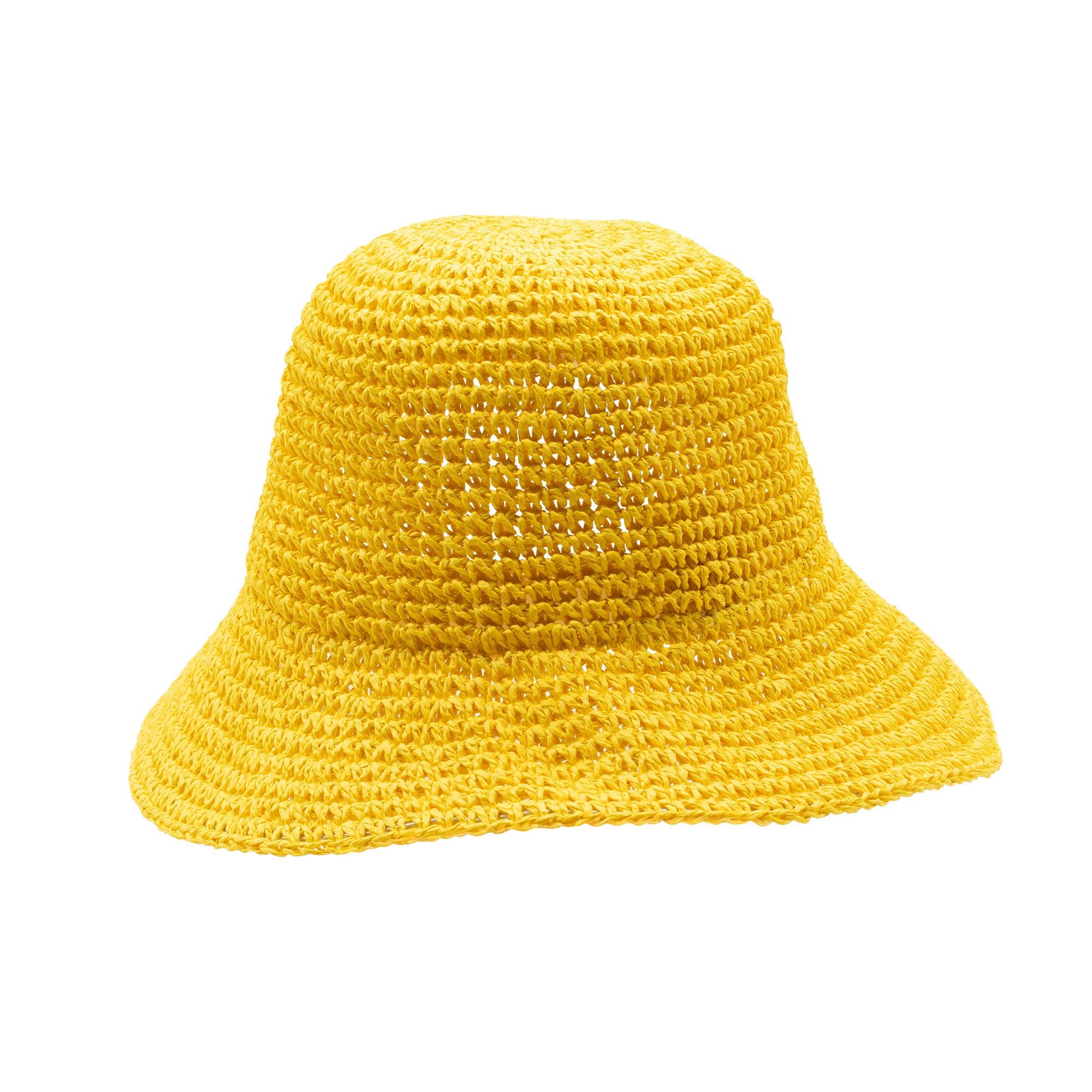 Yellow woven bucket hat on a white background