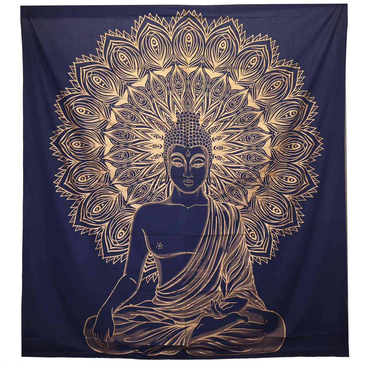 Navy blue cotton wall hanging/bedspread with gold mandala and Buddha design
