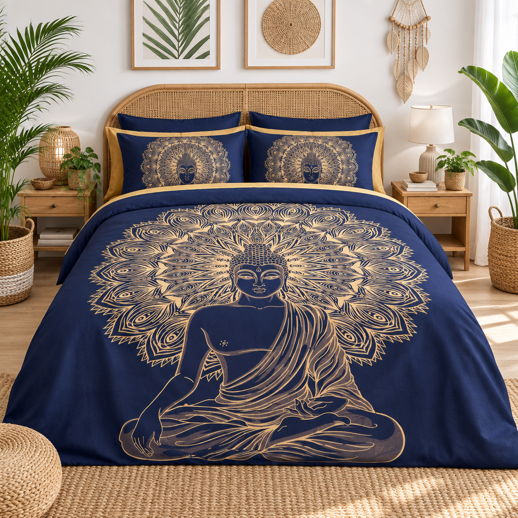 A navy blue bedspread set with a large gold Buddha meditating under a peacock feather mandala design, styled in a bright, modern bohemian bedroom.