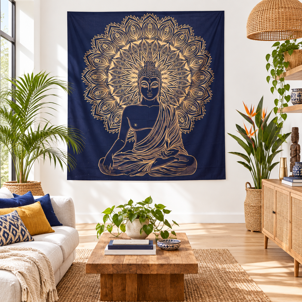 A large navy-blue wall hanging with a gold mandala Buddha design hangs in a bright, modern living room with a wooden coffee table, potted plants, and a white sofa.