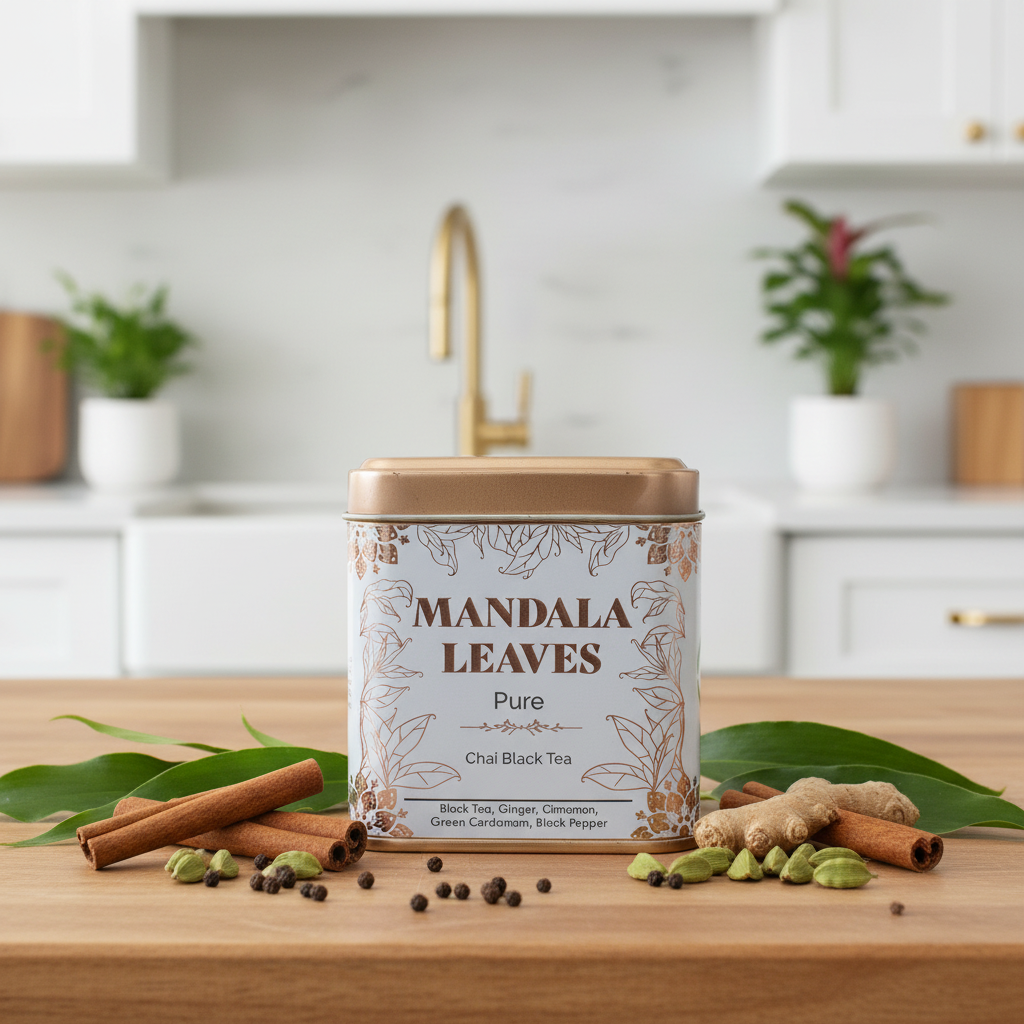 A tin of Mandala Leaves Pure Chai Black Tea sits on a wooden countertop in a bright kitchen setting, surrounded by whole spices, cinnamon sticks, cardamom pods, and green leaves.