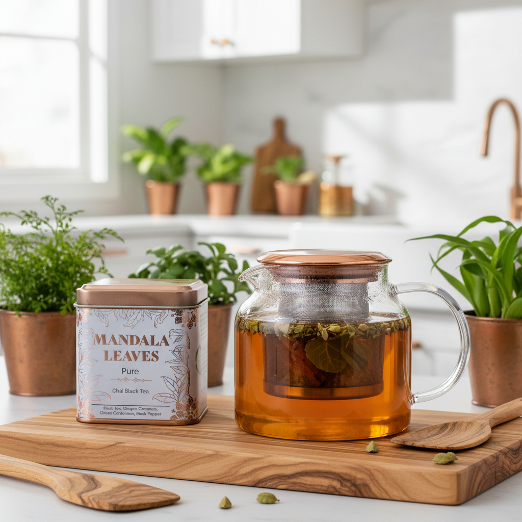 A glass teapot filled with amber tea and a metal tea tin labelled MANDALA LEAVES Pure Black Tea, arranged on a wooden board with a spoon in a bright kitchen setting.