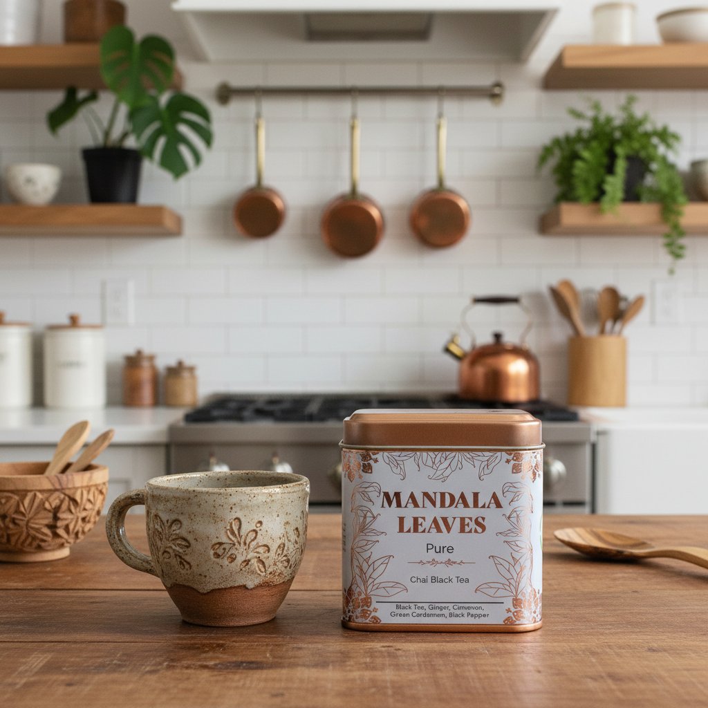 A tin of Mandala Leaves Pure Chai Black Tea sits on a wooden countertop in a warm, modern kitchen setting, next to a ceramic mug.