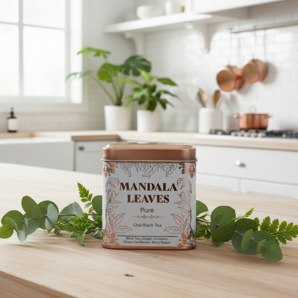 A tin of MANDALA LEAVES Pure Chai Black Tea sits on a light wooden countertop, styled with fresh green eucalyptus leaves. The background is a softly blurred, modern kitchen with white cabinets, a tiled wall, and copper pots hanging on the rack.