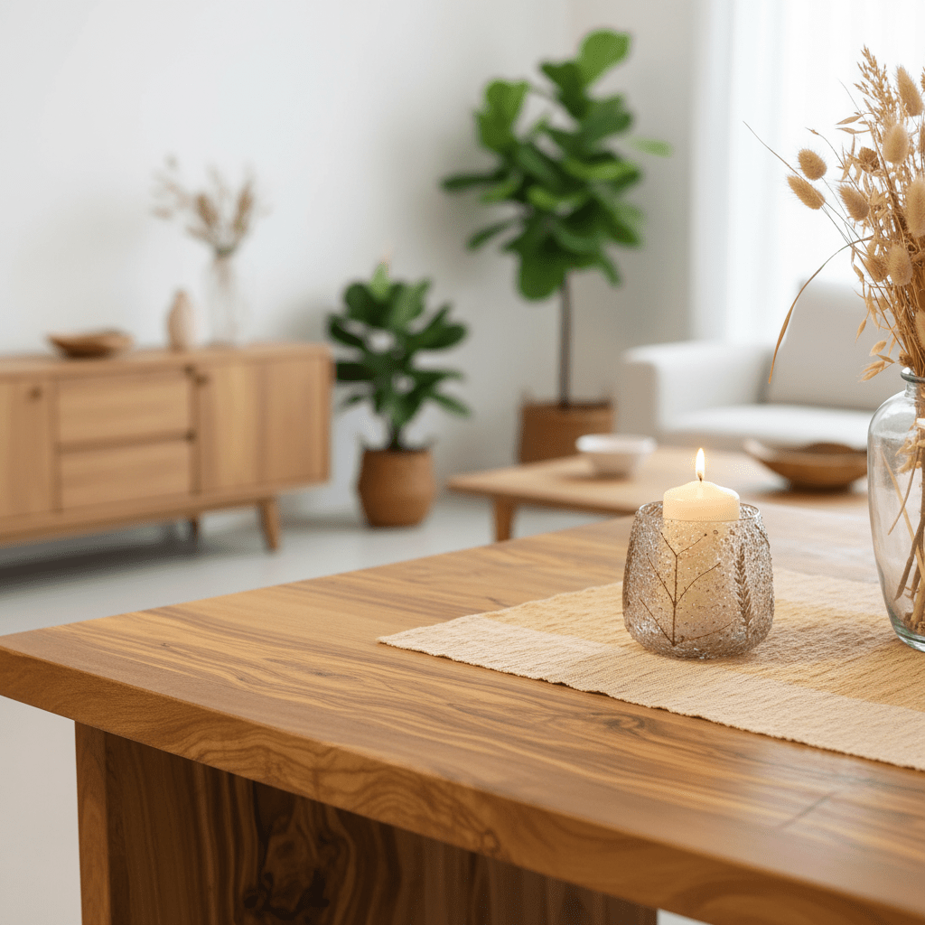 Wooden table with a candle and decorative items in a living room setting