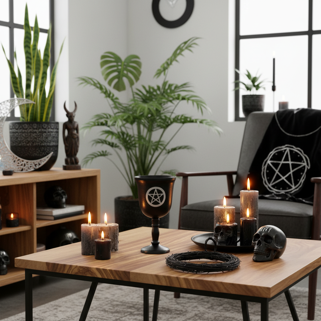 A styled interior scene with a wooden coffee table holding black candles, a black goblet with a white pentagram, a black skull, and a black woven runner. A black chair with a black throw blanket featuring a white pentagram is visible in the background, along with plants, shelving, and windows.