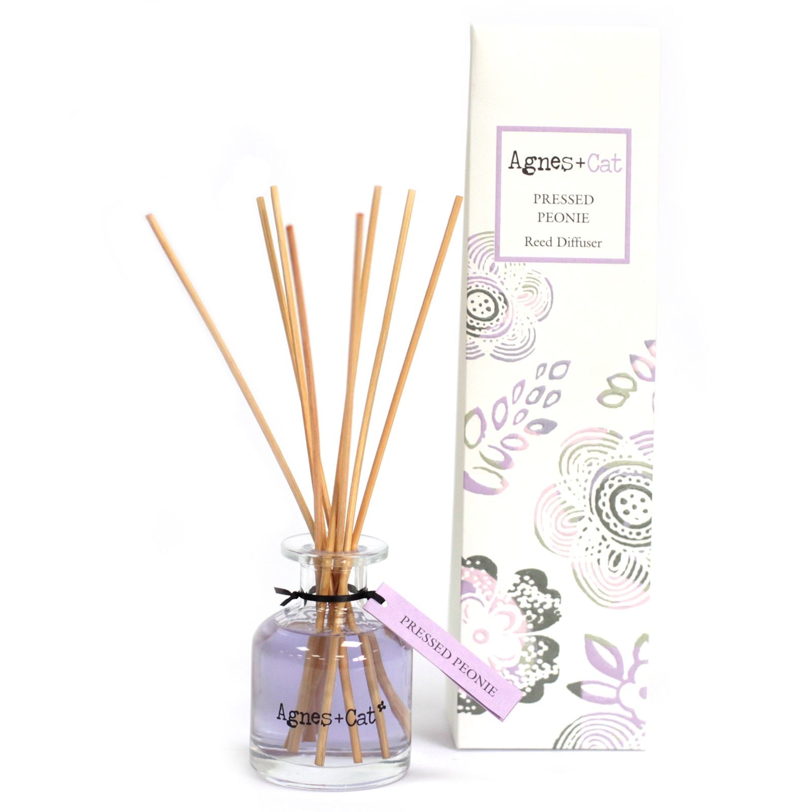 Agnes + Cat floral reed diffuser in Pressed Peonies scent, beautifully packaged with a floral design.