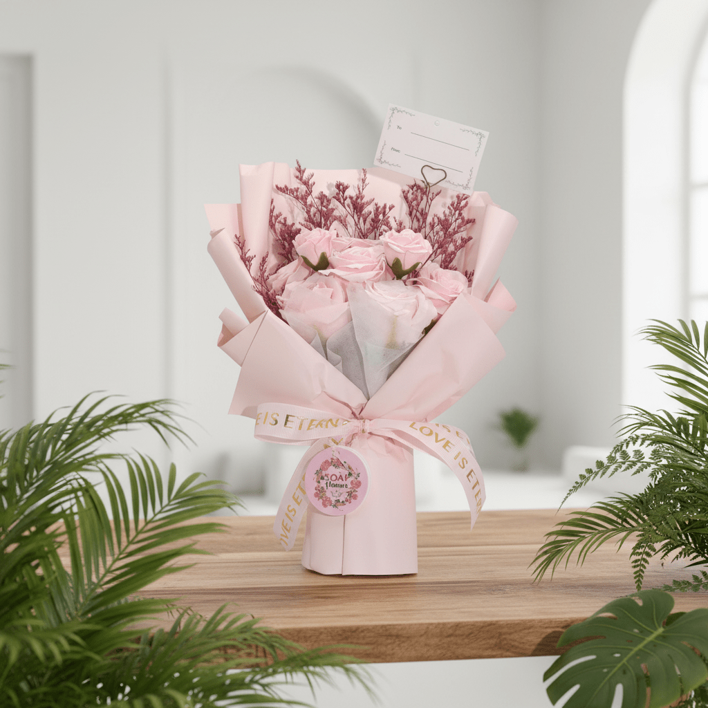 Bouquet of pink rose soap flowers wrapped in pink paper with a bow on a wooden surface, surrounded by green plants.