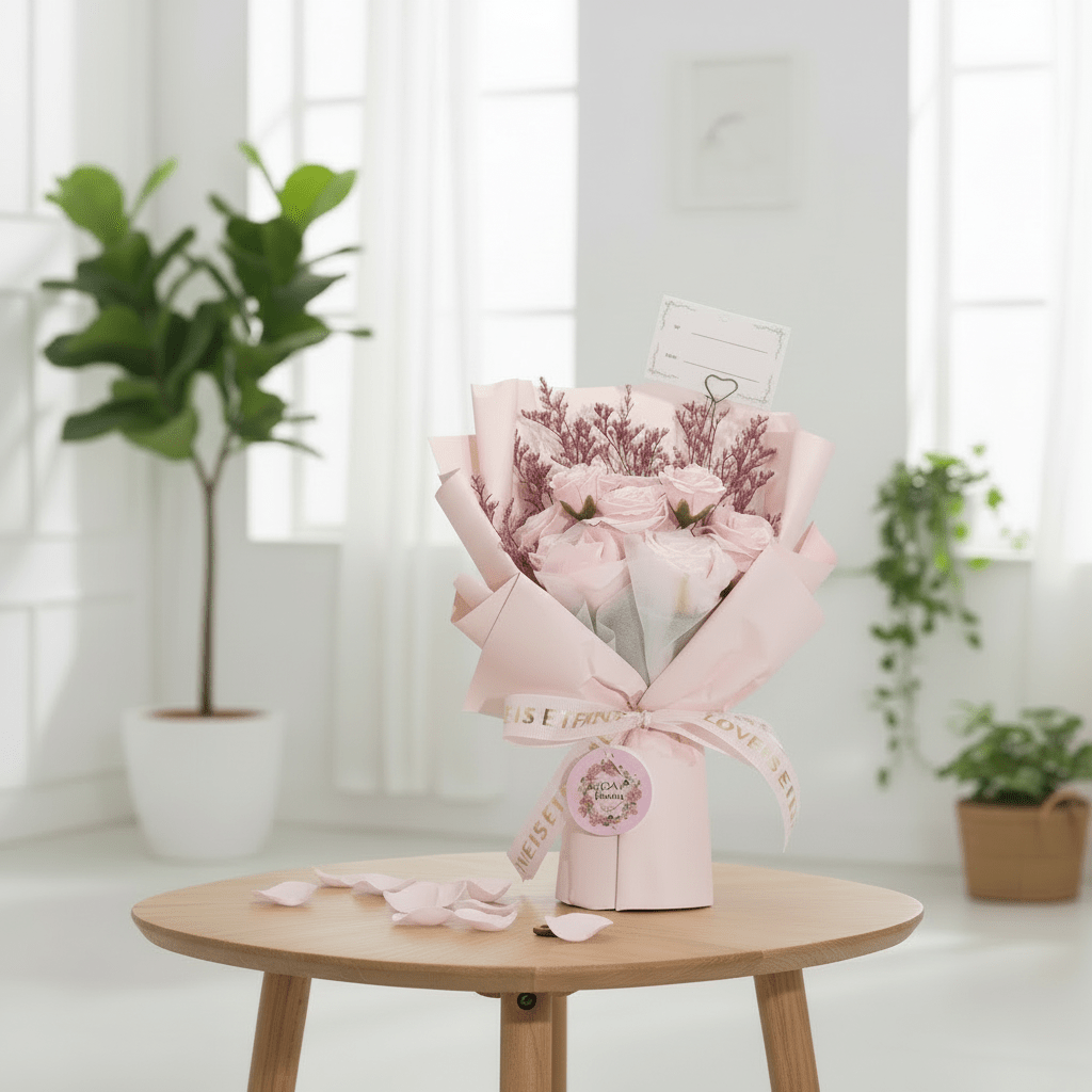 Bouquet of pink rose soap flowers wrapped in paper on a wooden table with a white background
