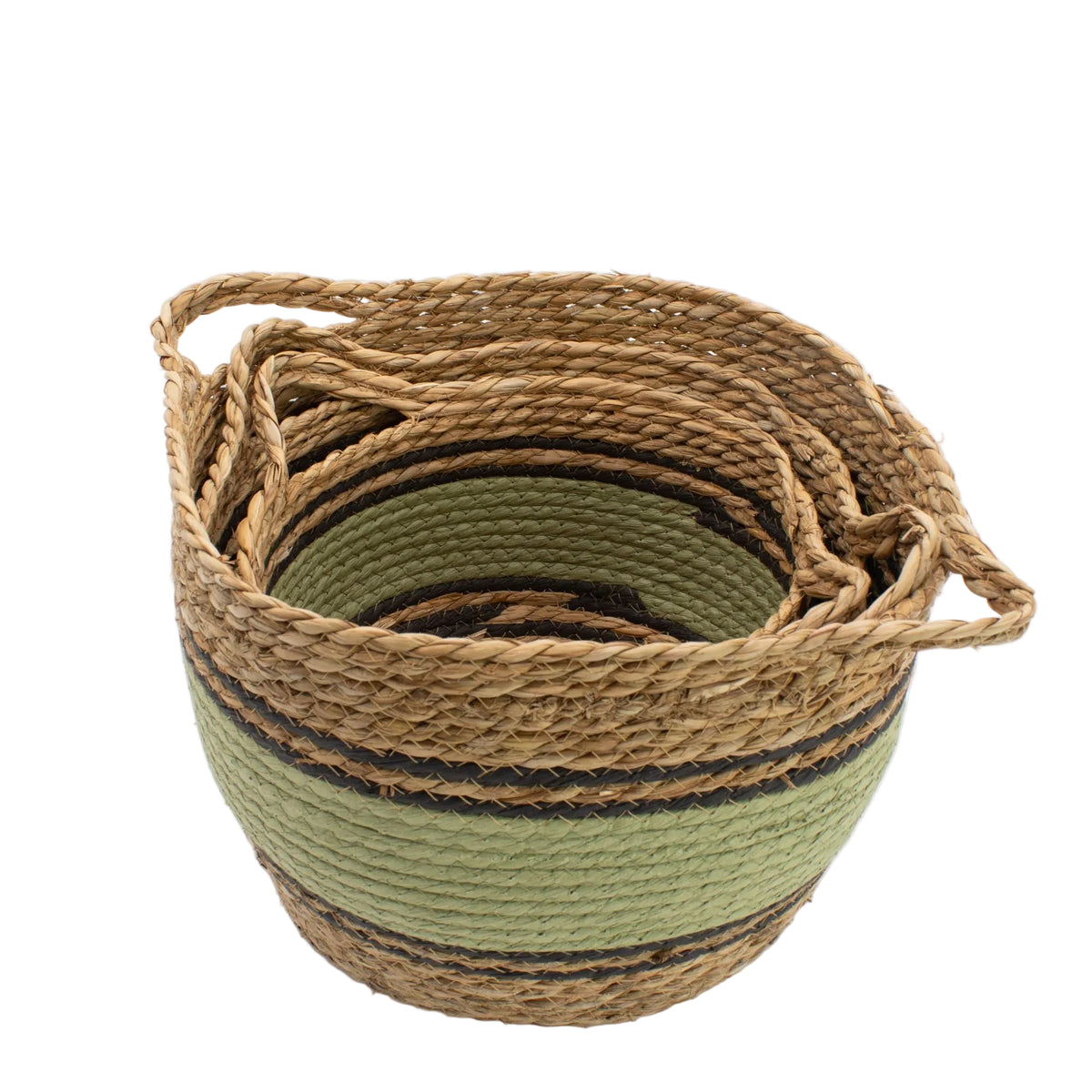 Three natural woven baskets with green bands, black stripes and side handles nested together