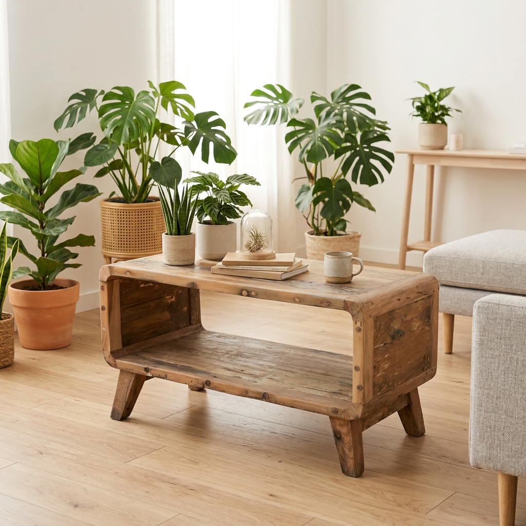 A rustic wooden coffee table with an open lower shelf and angled legs, styled in a bright, modern living room with potted plants, a gray armchair, and a light wood console table.