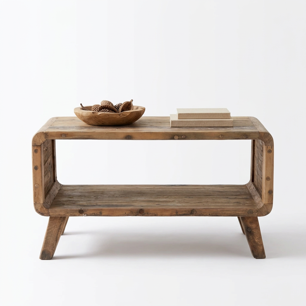 A rustic wooden coffee table with an open two-tier design and angled legs, styled with a decorative wooden bowl and a stack of books on top, set against a plain white background.