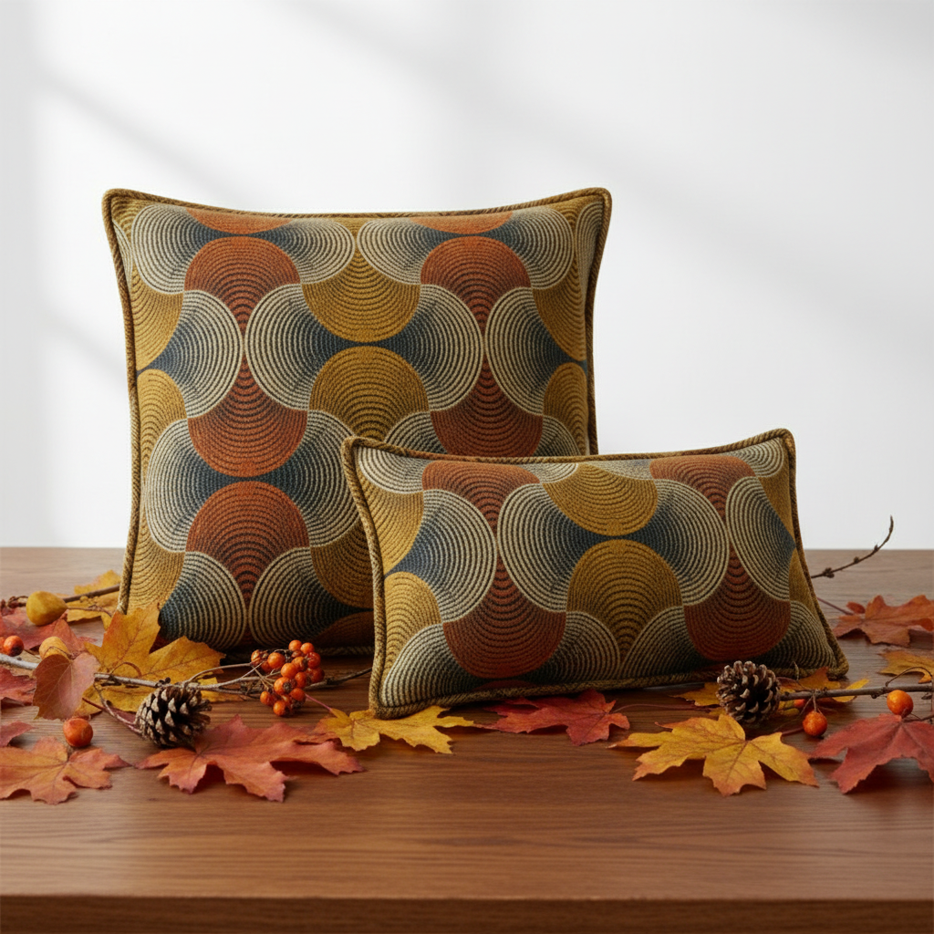 Two decorative throw pillows with an autumn-themed geometric pattern of concentric semi-circles in rust, mustard, beige, and slate blue, styled on a wooden table with fall leaves and pinecones.