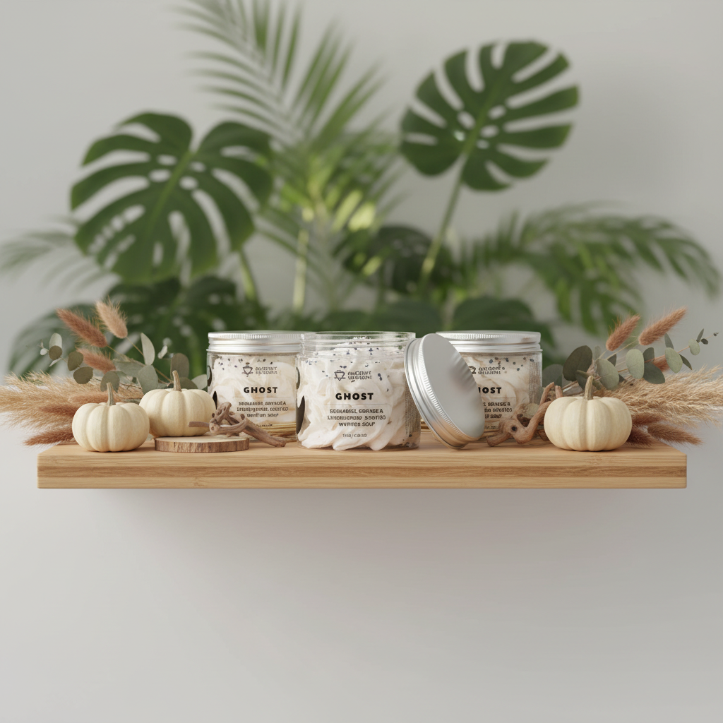 Three glass jars of Ghost Whipped soap with silver lids are displayed on a light wood floating shelf, styled with small pumpkins, dried grass, and eucalyptus against a background of large green houseplants.