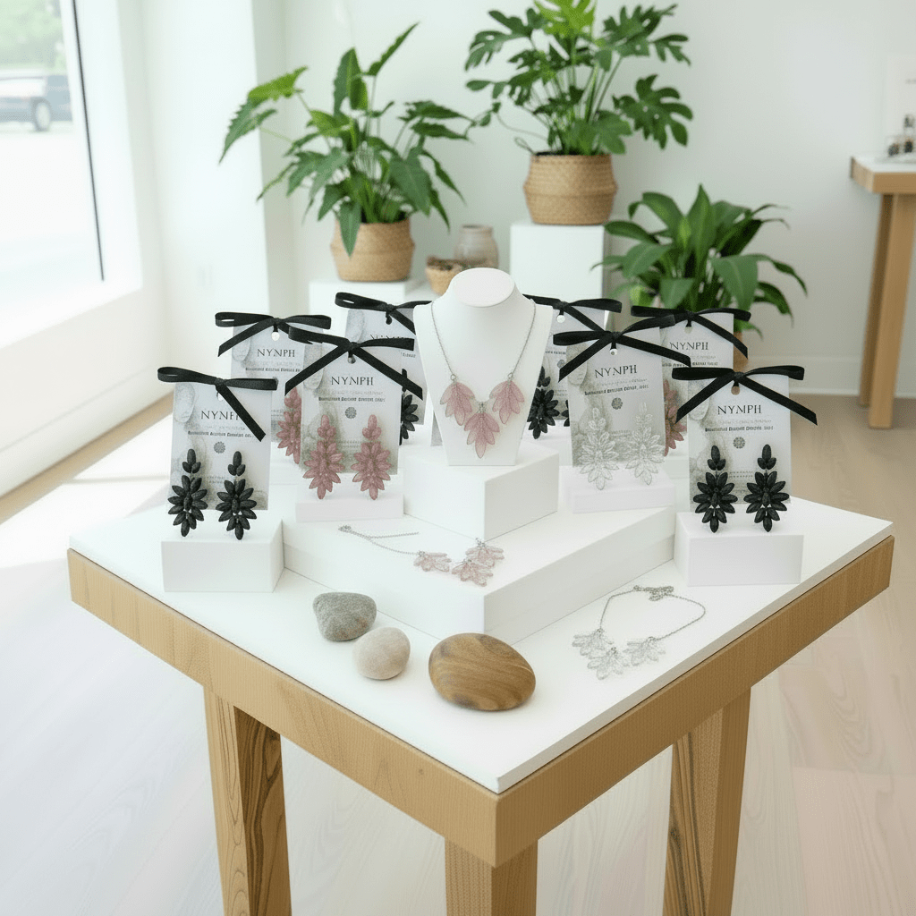 Jewelry display with earrings and packaging on a table in a bright room with plants.