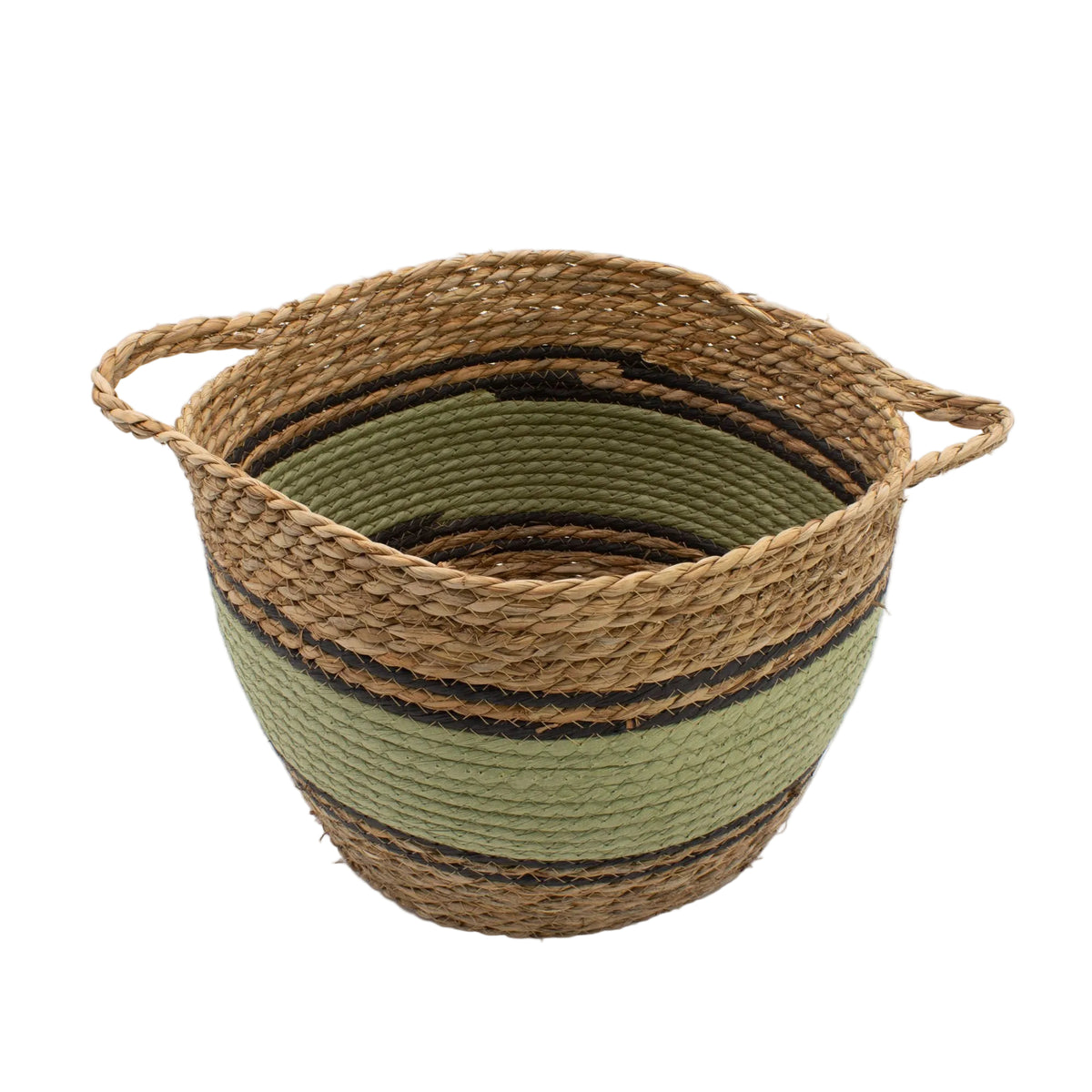 Large woven basket with a soft green band, black stripes and integrated side handles
