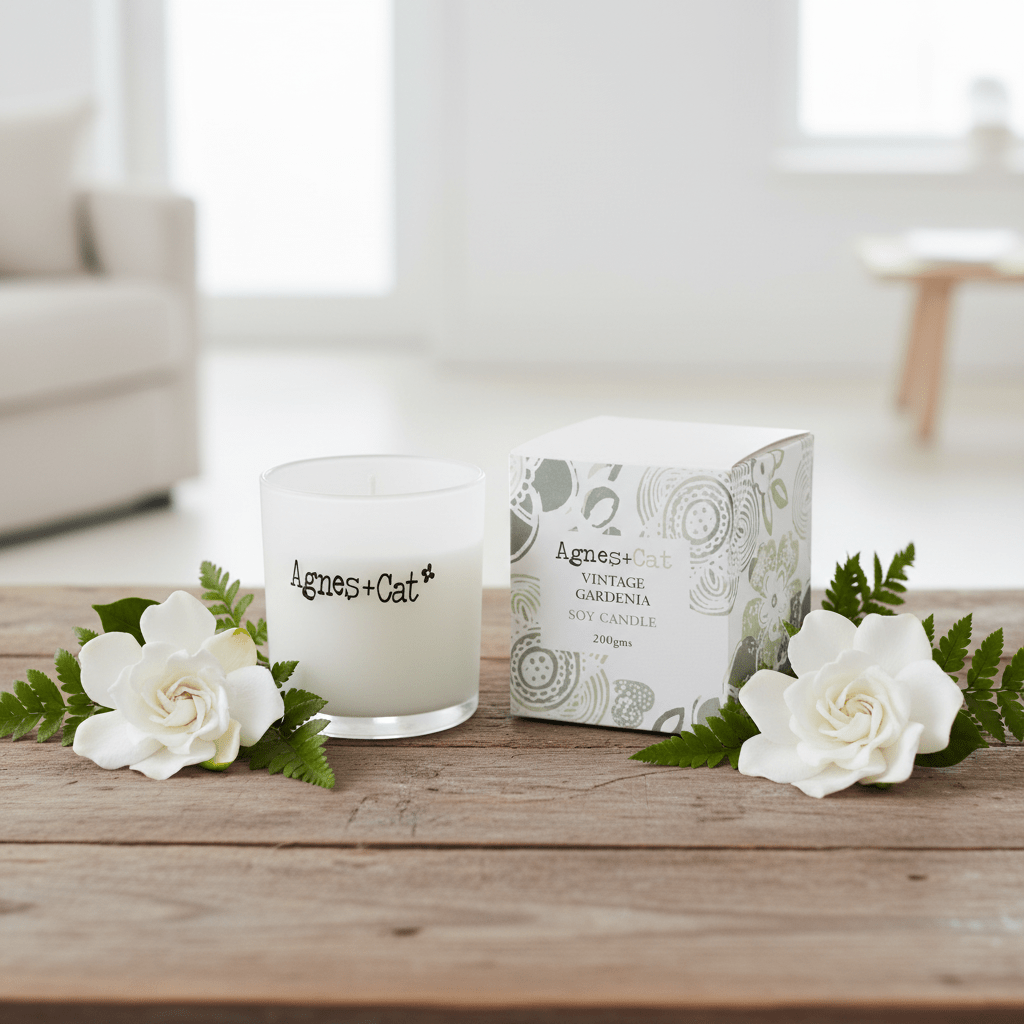 Candle and packaging with 'Agnes + Cat' branding on a wooden surface with flowers.