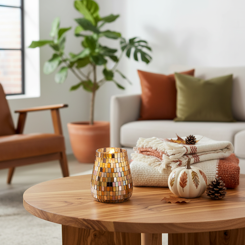 A gold mosaic candle holder sits on a round wooden table in a cosy living room setting, styled with a folded cream throw blanket, a small decorative pumpkin, and pinecones.