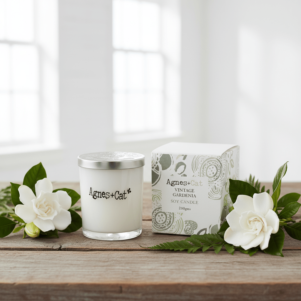 Agnes & Cat candle and packaging on a wooden surface with flowers