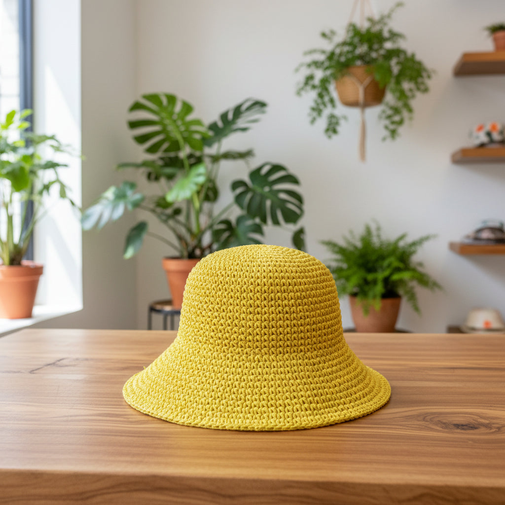 A bright yellow woven sun hat with a wide brim, displayed on a wooden surface with tropical plants in the background