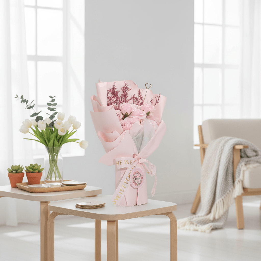 Bouquet of flowers wrapped in pink paper on a table with a white background