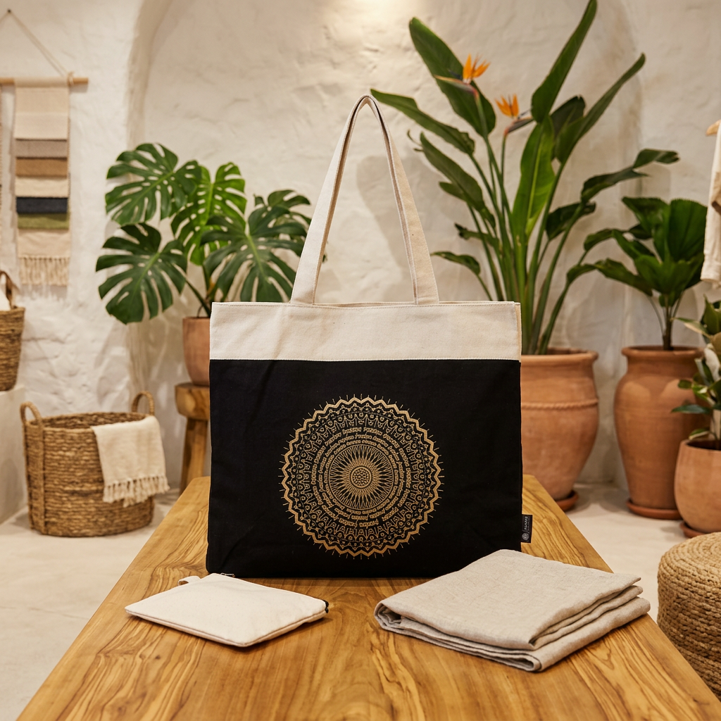 A black-and-off-white cotton tote bag with a gold mandala print on the front, displayed on a wooden table in a rustic, plant-filled room with folded blankets and a small pouch.