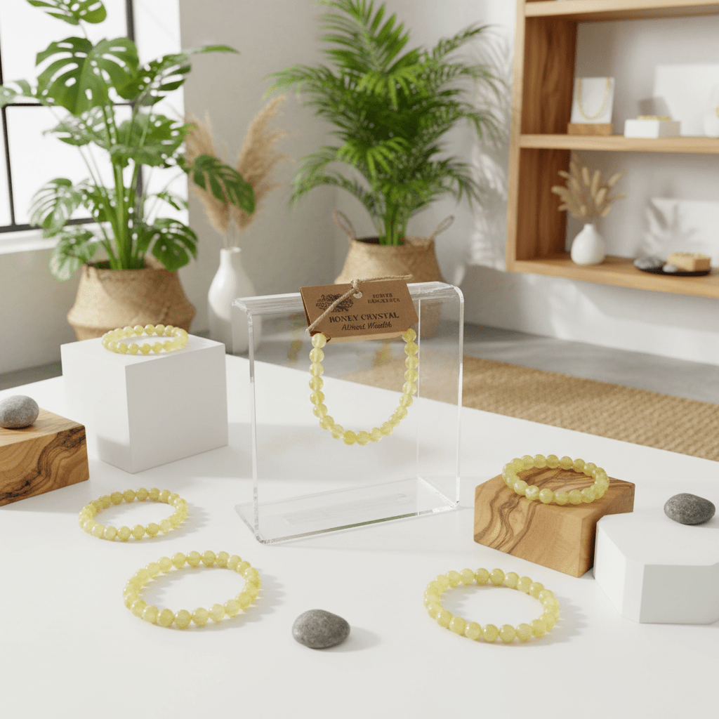 Yellow beaded bracelets on display with plants and decor in a room setting