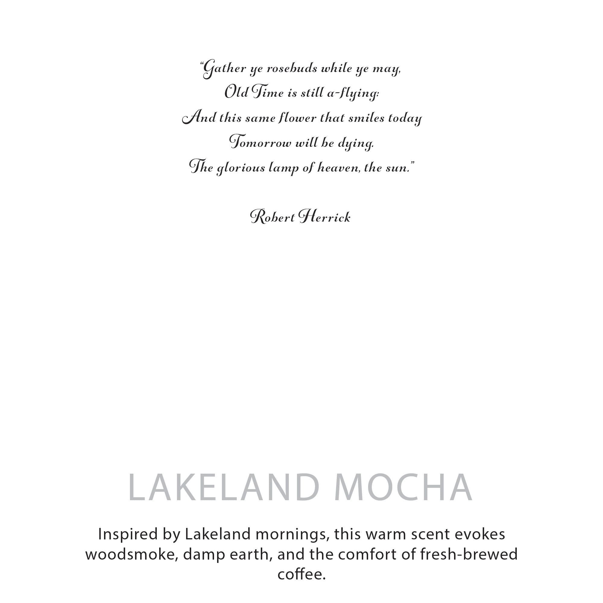 Textual quote by Robert Herrick on a white background with 'Lakeland Mocha' branding.