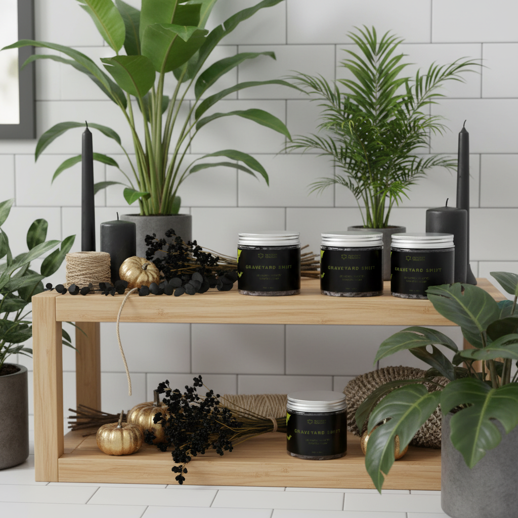 Three black glass jars of Halloween whipped soap with gold lettering are displayed on a wooden two-tier shelf, styled with potted plants, black taper candles, and dried botanicals in a bright, modern room setting