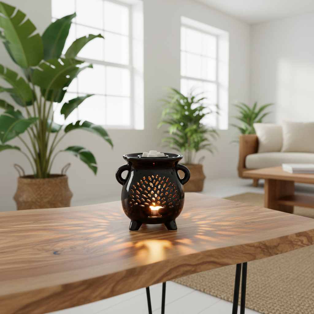 A black ceramic candle holder with a cutout lattice pattern sits on a wooden table in a bright, modern living room with potted plants and a sofa in the background.