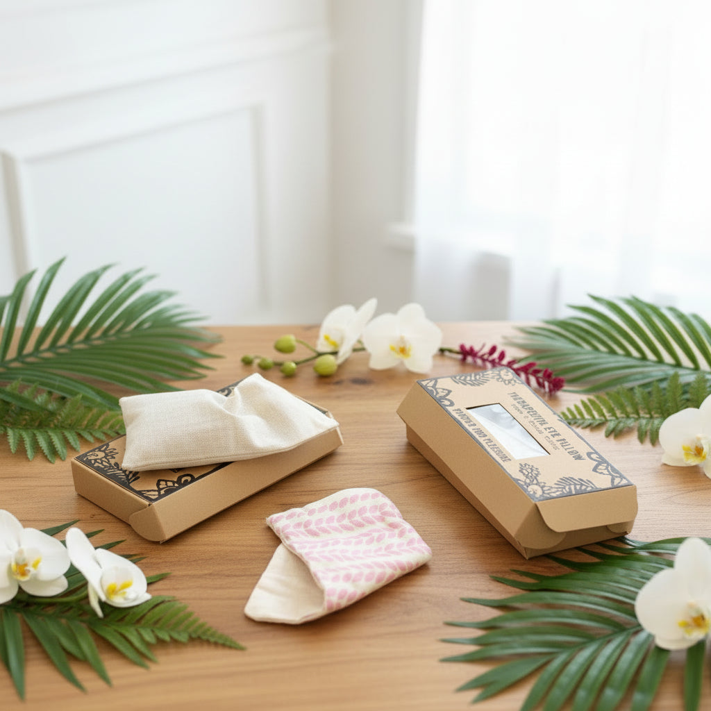 Wooden table with eye pillows and decorative elements on a light background