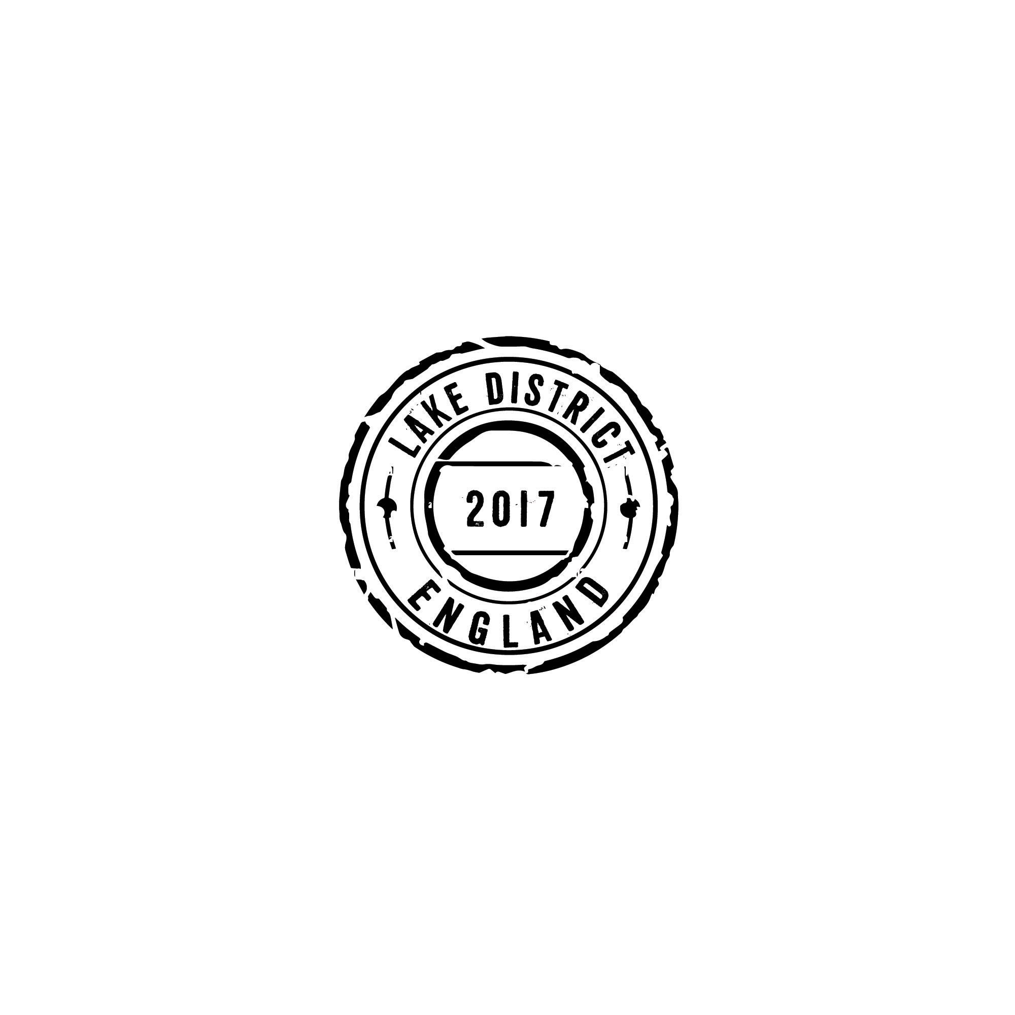 Black and white stamp-style design with 'Lake District, England 2017' text on a white background