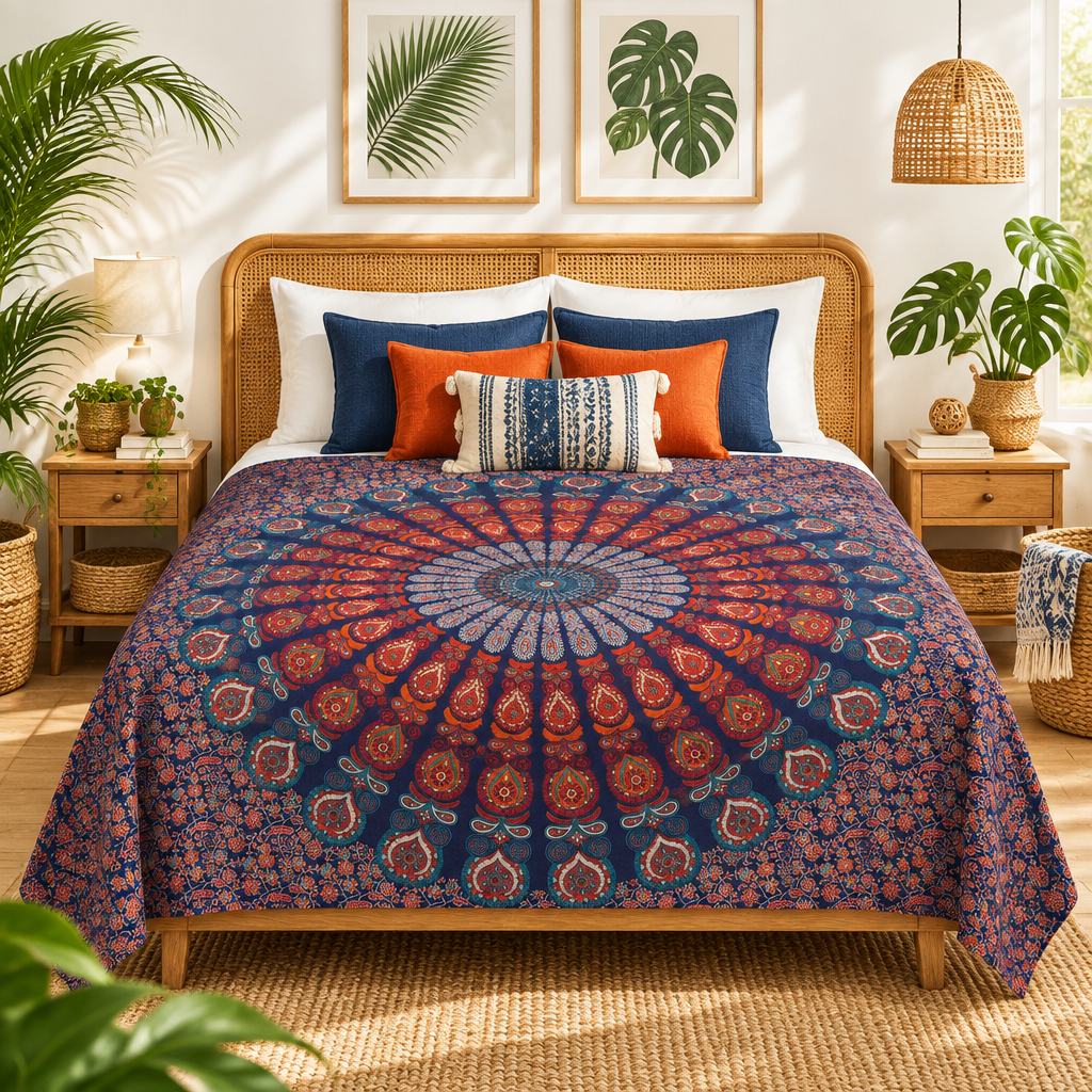 A bed dressed in a colorful bohemian mandala throw, styled in a bright, modern bedroom with plants, wooden nightstands, and decorative pillows.