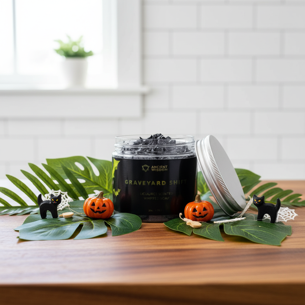 A Halloween-themed kids' soap in a clear glass jar with a black label reading 'Graveyard Shift' styled on a wooden table with green leaves, small jack-o'-lanterns, black cat figurines, and a silver lid leaning beside it.