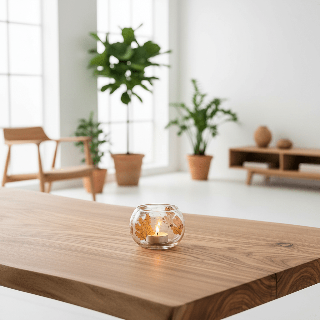Wooden table with a candle holder in a room with plants and furniture