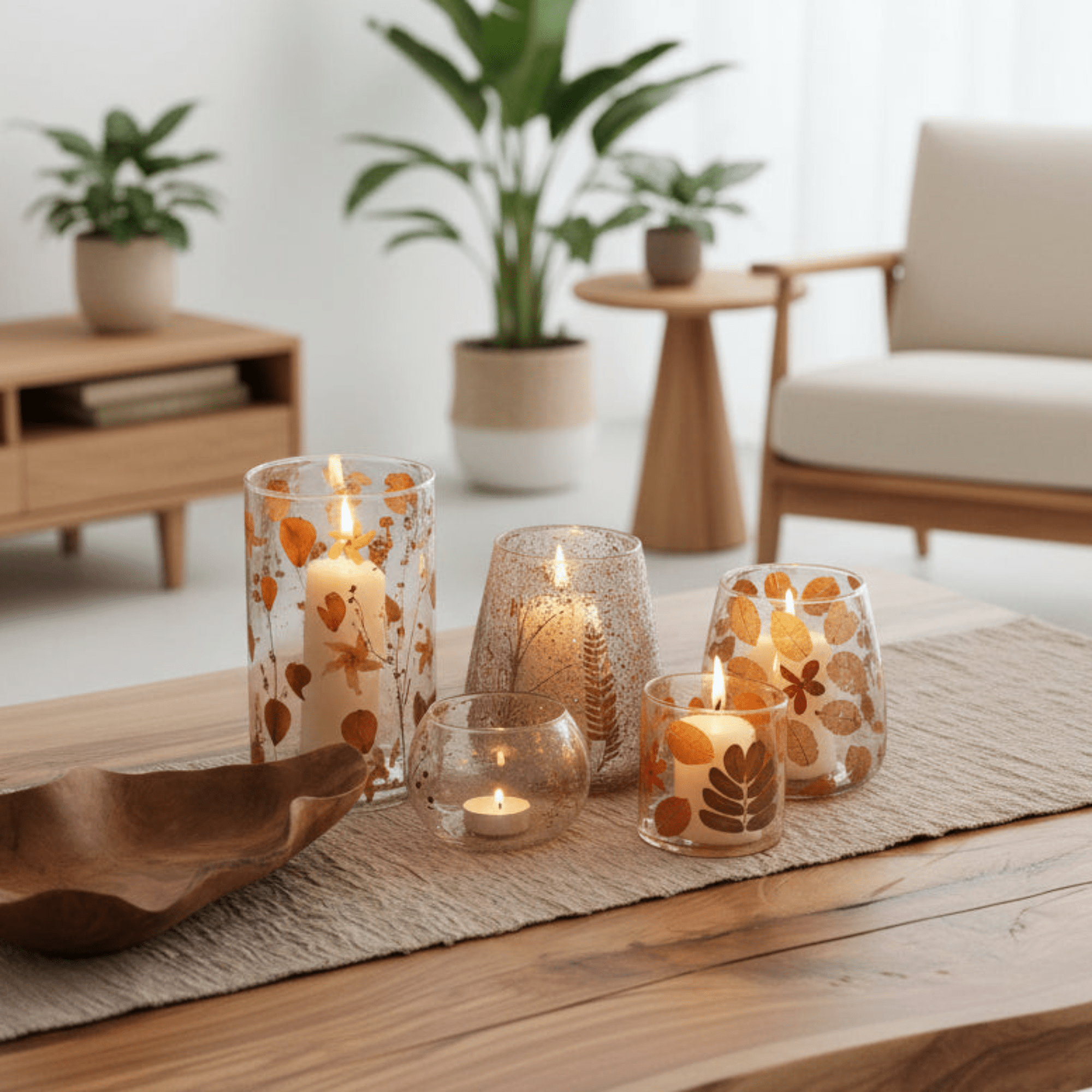 Decorative pressed flower glass candle holders on a wooden table with a cosy living room background