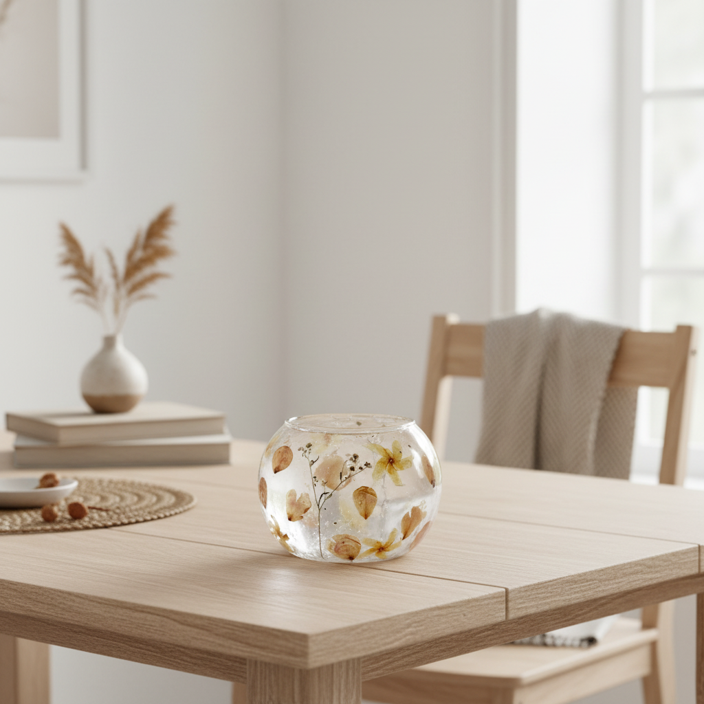 Decorative glass bowl on a wooden table with a neutral background