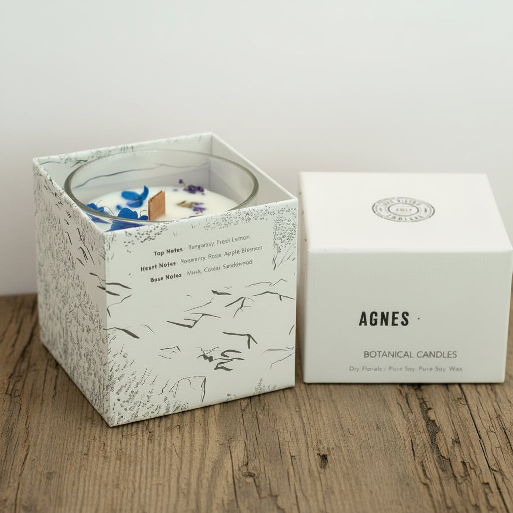 Candle in a decorative box with 'AGNES' branding on a neutral background