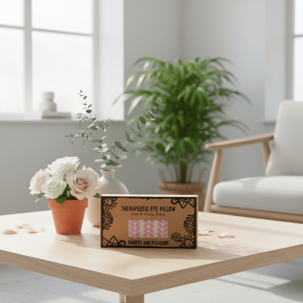 Boxed therapeutic eye pillow on a coffee table with flowers and a plant in the background