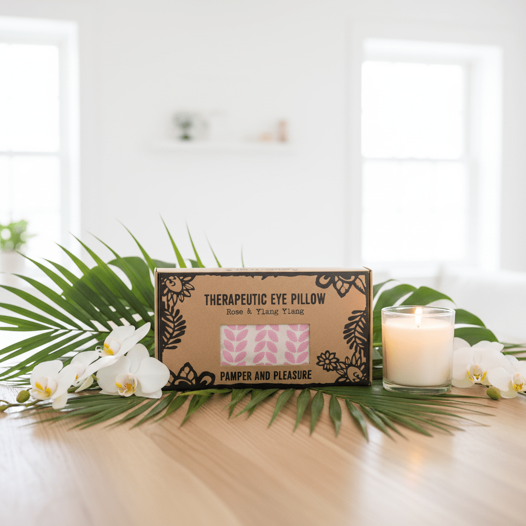 Therapeutic eye pillow packaging on a table with green leaves and white flowers