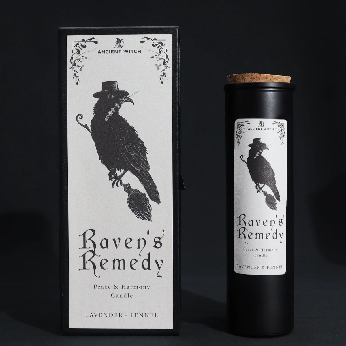 Black Raven’s Remedy candle with cork-style lid beside its matching raven-illustrated gift box