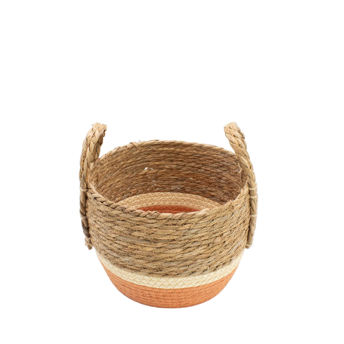 Small natural woven basket with an orange base and two side handles